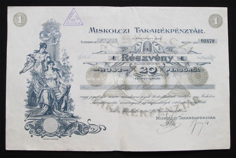 Miskolczi Takarékpénztár részvény 20 pengõ 1926 Miskolc
